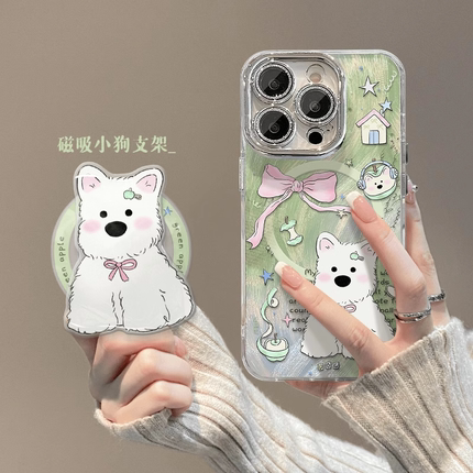 适用苹果16promax手机壳卡通蝴蝶结小狗iphone16pro彩绘新款15PM磁吸支架14可爱高级女款13带镜头膜16防摔套