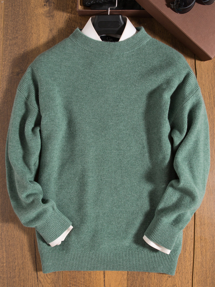YUANBAO 바늘 캐시미어 스웨터 남성용 둥근 목 두꺼운 녹색 트위스트 바닥 스웨터 남성용 겨울용 넓은 칼라 오프 숄더 녹색 스웨터
