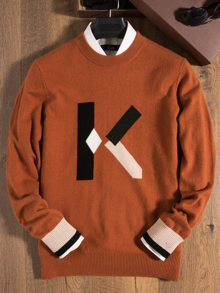 겨울용 남성용 K 문자 자카드 스웨터 컬러 블록 라운드 넥 남성용 느슨한 얇은 자카드 바닥 니트 프리미엄 캐시미어 스웨터