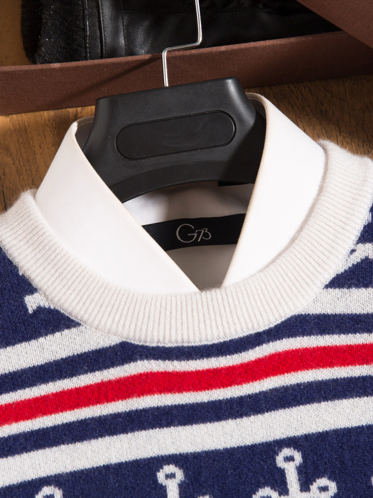 앵커 자카드 스웨터 남성용 겨울 트렌디 스트라이프 프리미엄 캐시미어 스웨터 남성용 100 퓨어 캐시미어 라운드 넥 두꺼워 짐