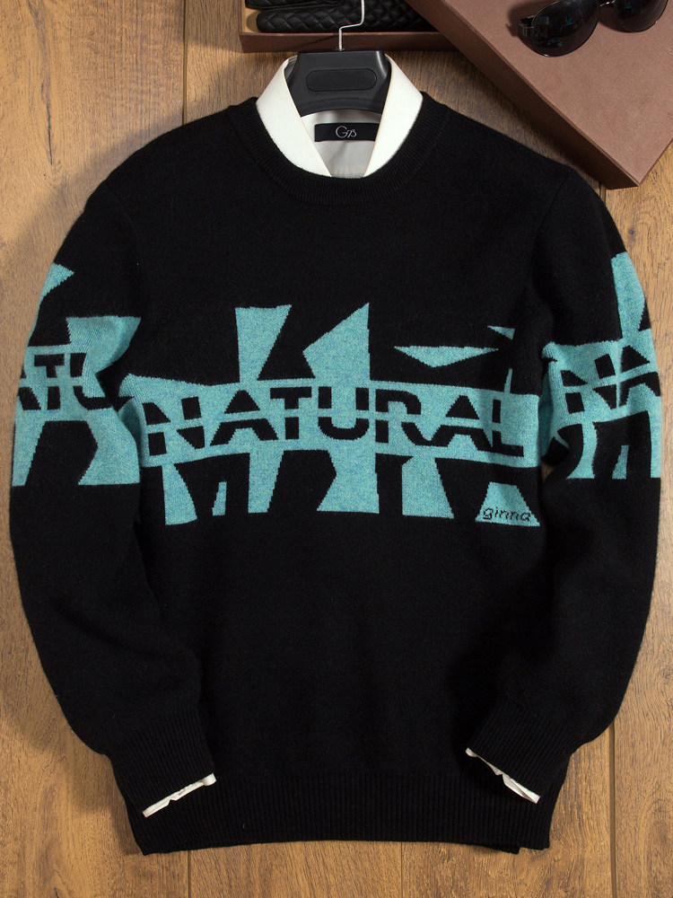 남성용 대비 컬러 캐시미어 스웨터 겨울 트렌드 2024 새로운 패션 레터 자카드 남성용 하이 엔드 라운드 넥 캐시미어 스웨터 두꺼운