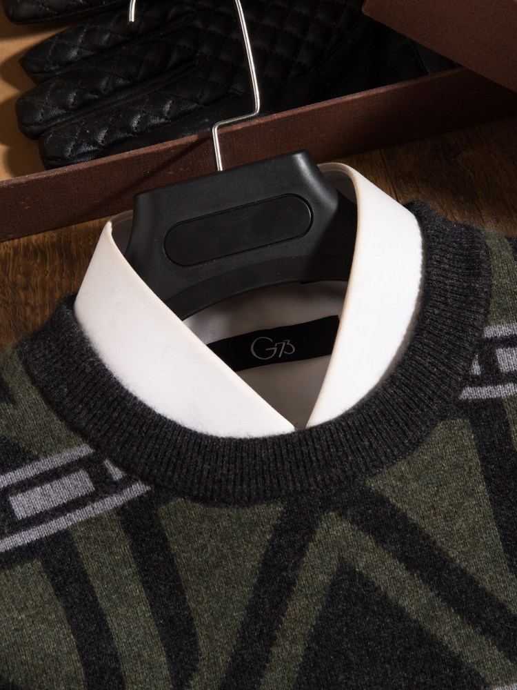 겨울 따뜻한 하이 엔드 비즈니스 캐주얼 풀오버 남성용 물떼새 격자 무늬 스웨터 남성용 긴팔 프리미엄 라운드 넥 캐시미어 스웨터 두꺼운