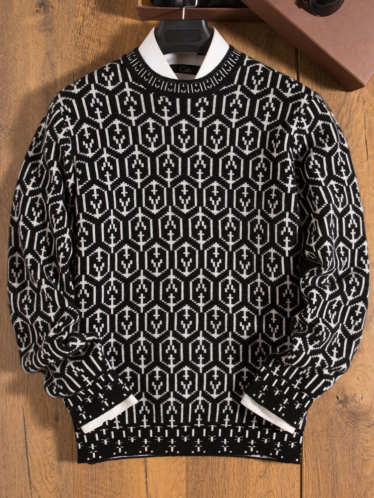 두꺼운 둥근 목을 가진 남성용 겨울 도시 가벼운 럭셔리 물떼새 격자 자카드 니트 캐시미어 스웨터 남성용 흑백 대비 스웨터