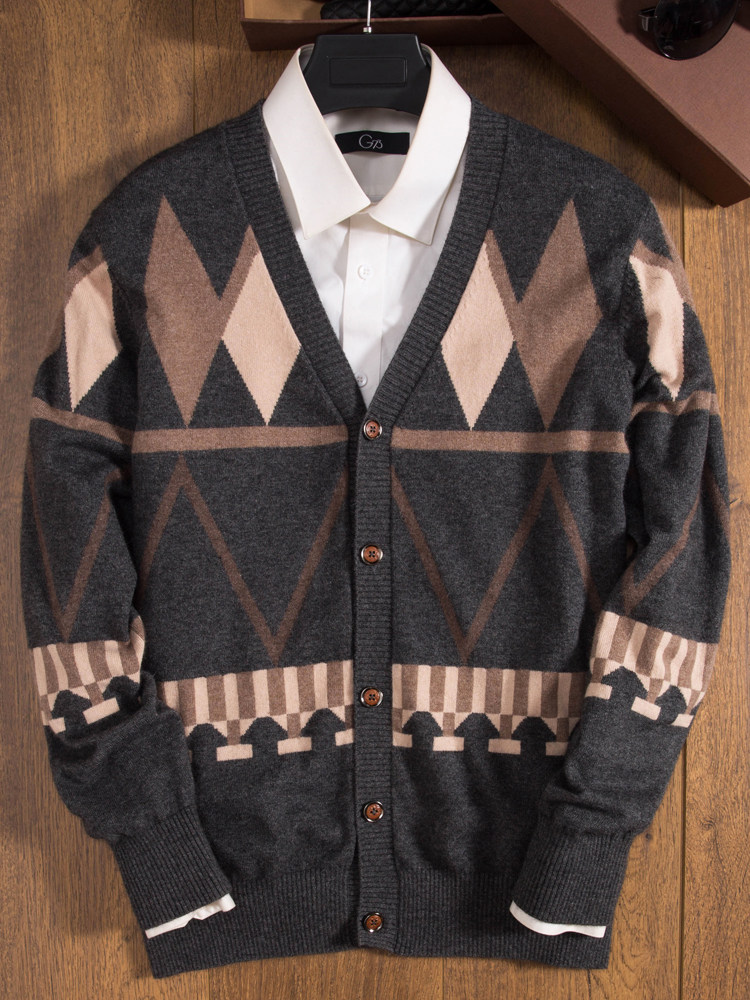 가을과 겨울 따뜻한 복고풍 자카드 캐시미어 카디건 재킷 남성용 새로운 스타일의 남성용 민족 스타일 V 넥 니트 카디건 스웨터