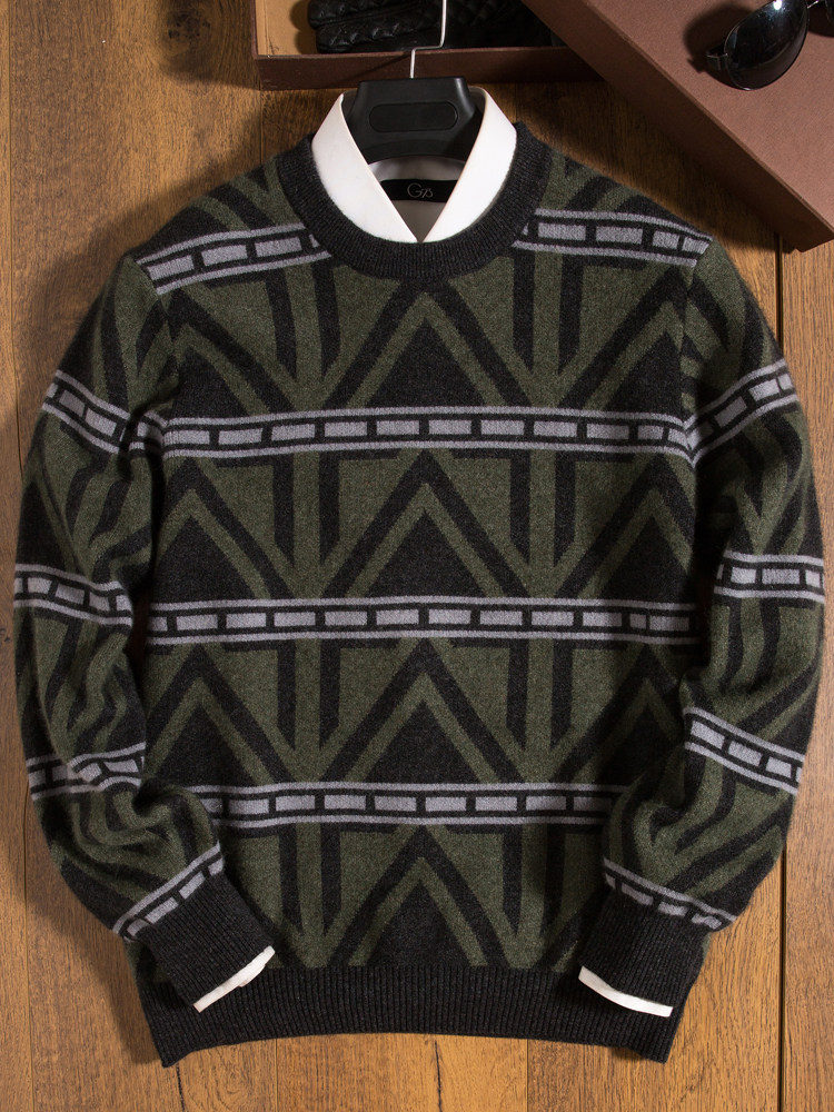 겨울 따뜻한 하이 엔드 비즈니스 캐주얼 풀오버 남성용 물떼새 격자 무늬 스웨터 남성용 긴팔 프리미엄 라운드 넥 캐시미어 스웨터 두꺼운