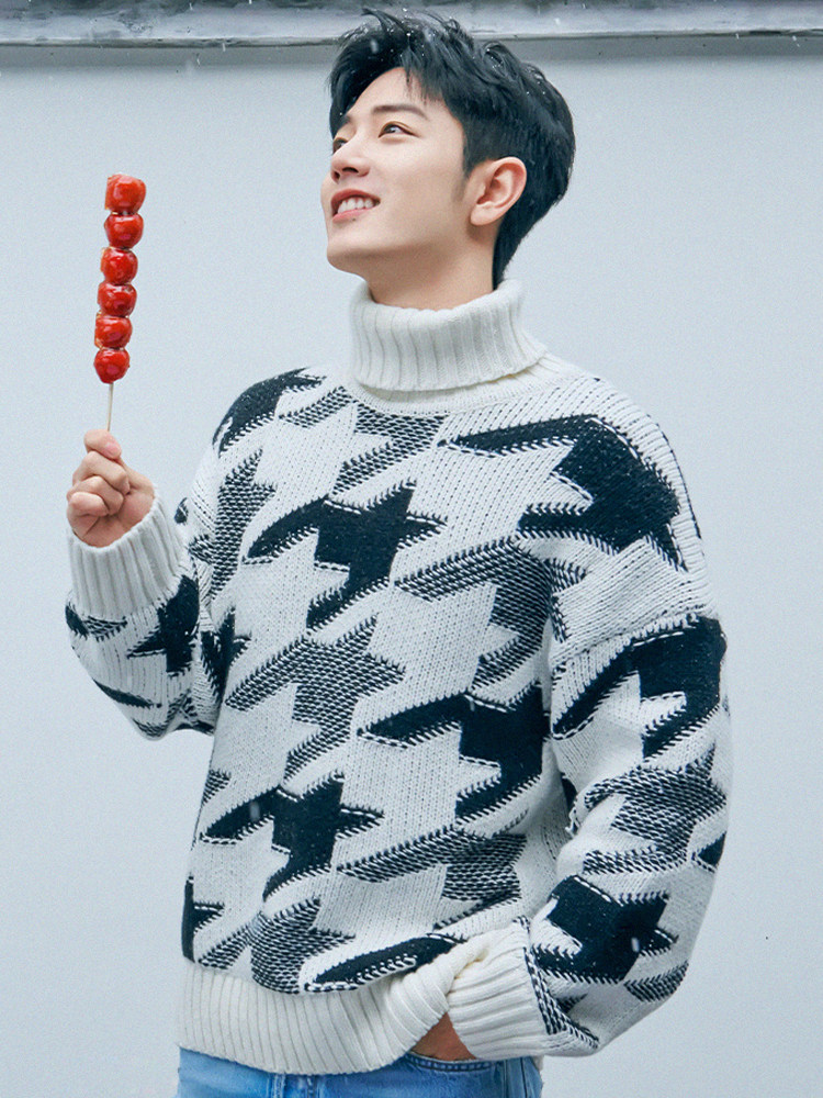 스타와 같은 겨울 남성용 물떼새 격자 스웨터 남성용 헤비급 3가닥 두꺼운 터틀넥 캐시미어 스웨터 두꺼운 남성용