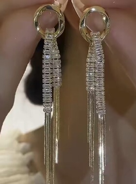 跨境流苏耳环夸张高级感锆石长款链条耳坠欧美冷淡风耳饰耳钉