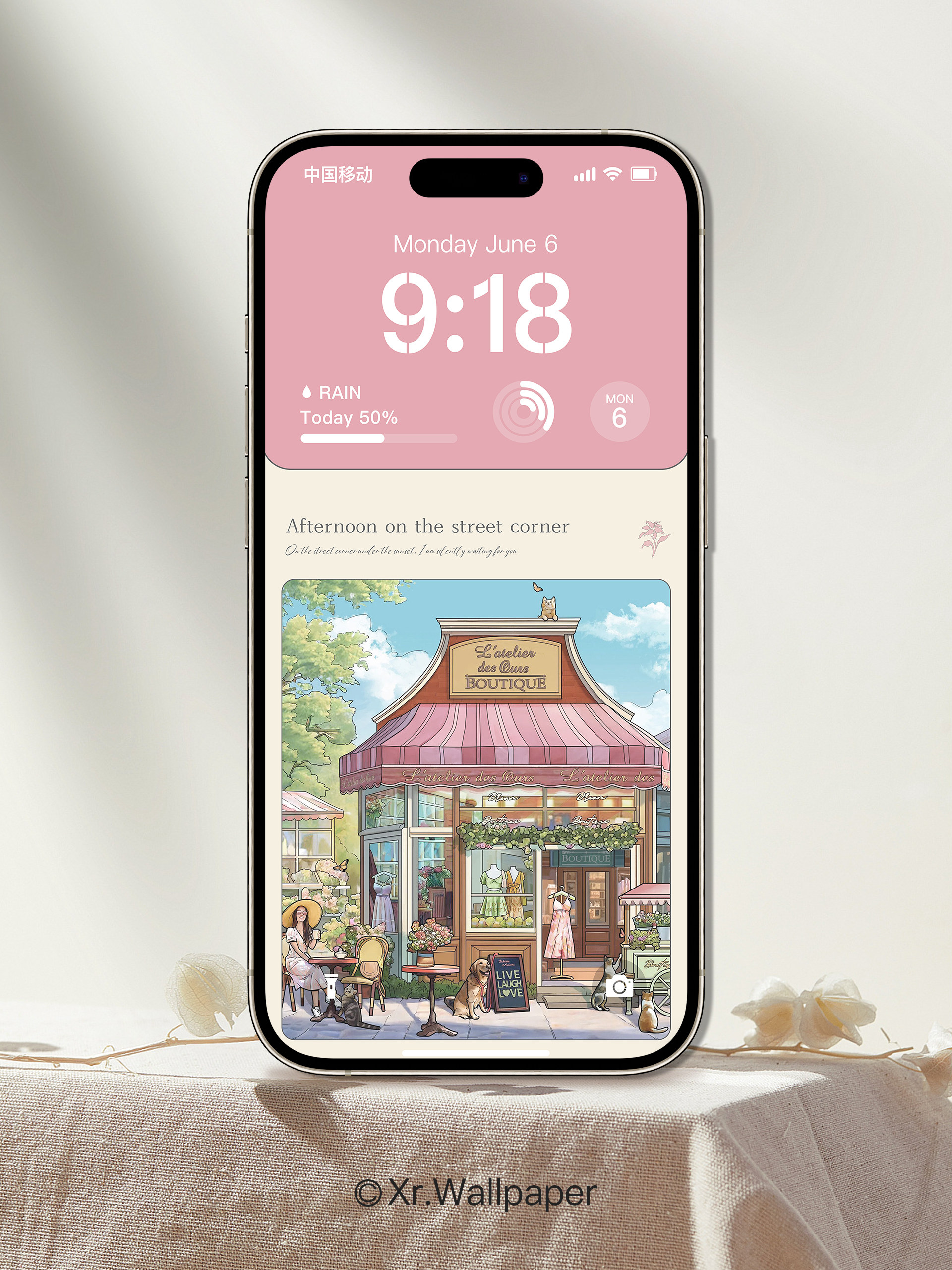 在街角与猫咪的下午茶手机壁纸4K粉色治愈系唯美图片卡通素材24