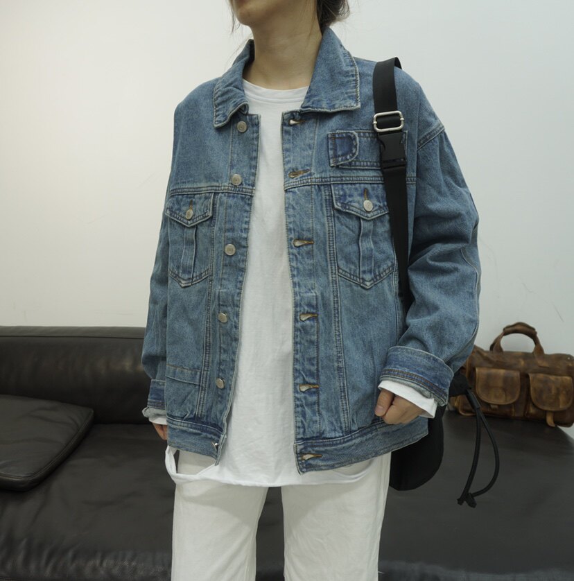 蓝色牛仔oversize外套学生秋冬