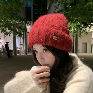 韩国订单~圣诞小红帽显白纯色保暖针织帽子女秋冬护耳防风毛线帽
