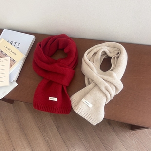 高级感气质短款 复古红色米白色针织围脖 100%纯羊毛羊绒围巾女冬季