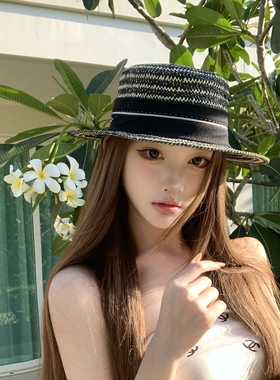 小香风平顶草帽女春夏防晒遮阳