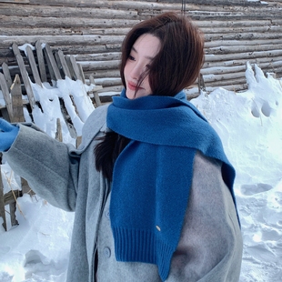 定制款 初恋蓝色针织100%羊毛围巾女冬韩系雪地氛围感纯色保暖围脖