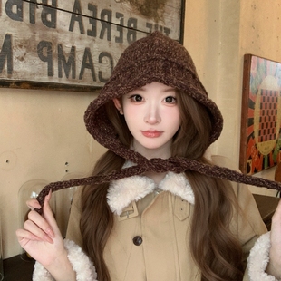 韩国东大门复古咖棕色含羊毛拉法帽针织毛线帽女秋冬护耳系带帽子
