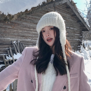 出口韩国~2025含羊毛可爱飞行帽女冬季针织毛线护耳保暖雷锋帽子