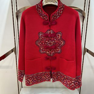 艾靓依妈妈唐装秋冬款加厚毛衣外套老年人绣花毛呢开衫奶奶装宽松