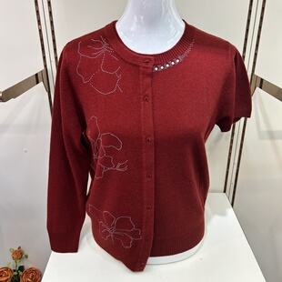 上衣两件套开衫 女毛衣新款 针织外套 100纯羊毛衫 中老年妈妈秋冬装