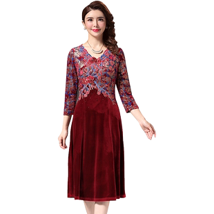 古贝莎新款高端贵气秋冬丝绒拼接结婚宴会礼服妈妈装喜婆婆连衣裙