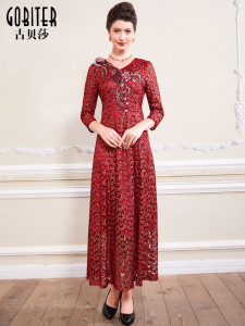 古贝莎春秋高端品牌女装立体网纱刺绣修身贵气妈妈礼服婚宴连衣裙