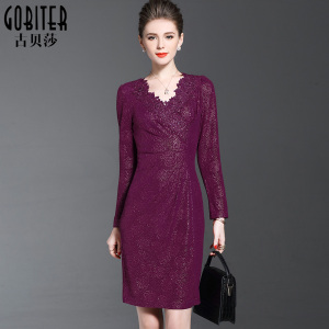 古贝莎高端品牌春秋V领妈妈装贵夫人钉珠长袖包臀连衣裙