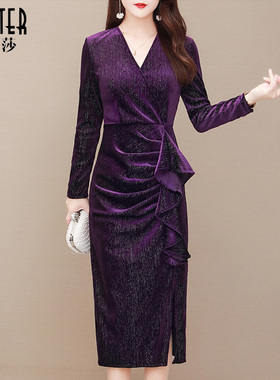 古贝莎2022春秋宴会包臀礼服V领修身显瘦复古丝绒妈妈连衣裙