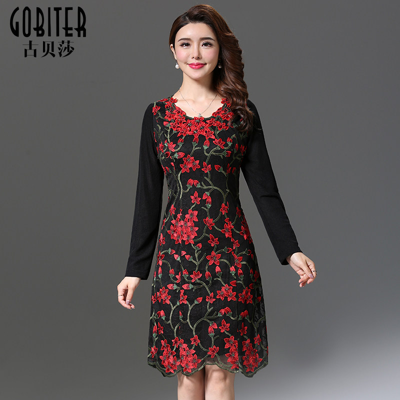 古贝莎高端品牌春秋新品网纱刺绣礼服妈妈婚宴结婚连衣裙