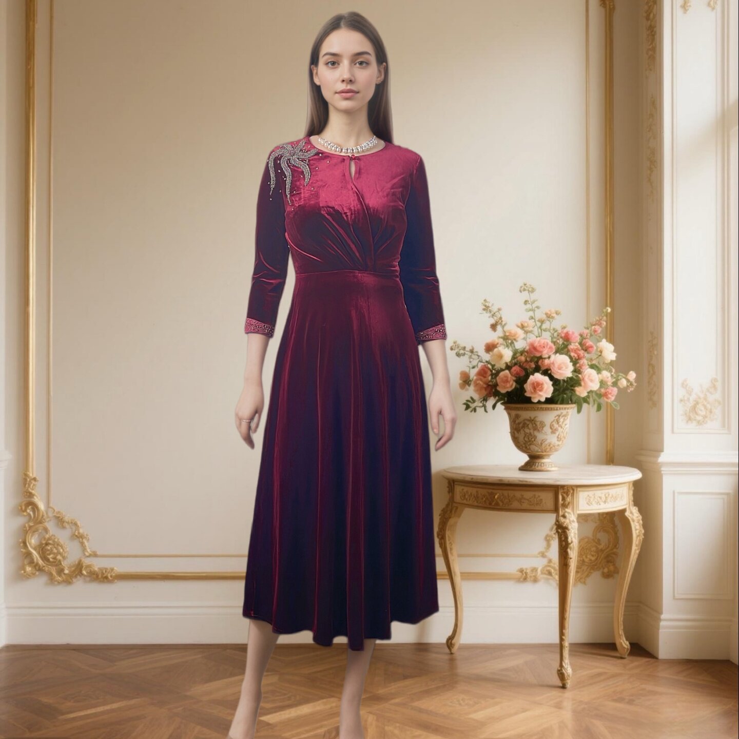 高贵气质丝绒连衣裙女七分袖收腰中长款酒红色礼服裙宴会喜妈妈