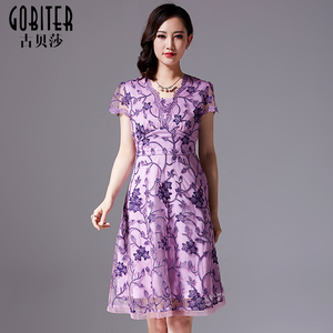 古贝莎夏装新款品牌女装连衣裙女妈妈装蕾丝刺绣修身中裙