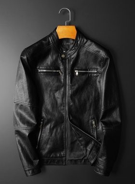 2022春款 新款立领机车皮衣外套 修身 7106 P175 长期款 黑色