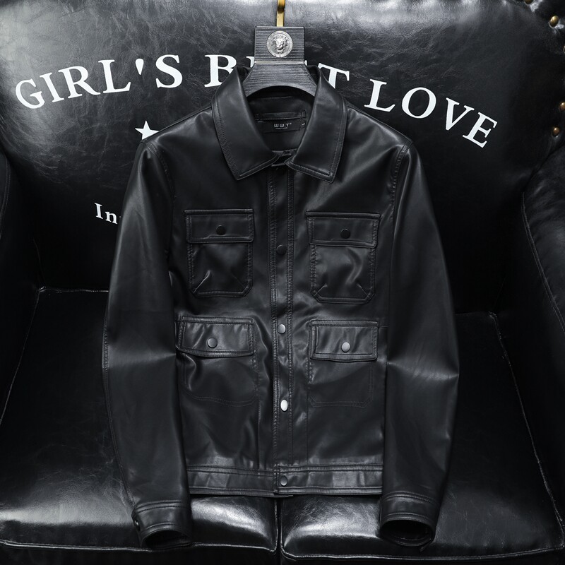 2024秋冬新款男士翻领机车皮外套修身潮男6182P175黑沙发底，男装皮衣，钱塘6007(原2006)