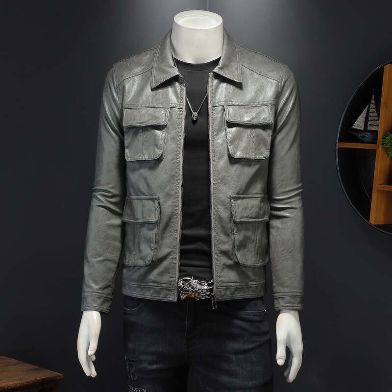 2025年秋冬新款男士翻领机车皮外套修身潮男货号7065P195假模图，男装皮衣，钱塘6007(原2006)