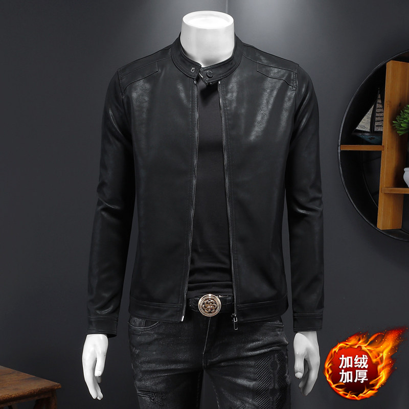 2025秋冬新款加绒男士立领机车皮外套修身潮男9002-2P185黑卡，男装皮衣，钱塘6007(原2006)