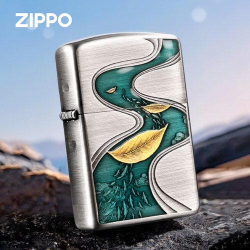 Zippo熏银拉丝一叶轻舟鎏金