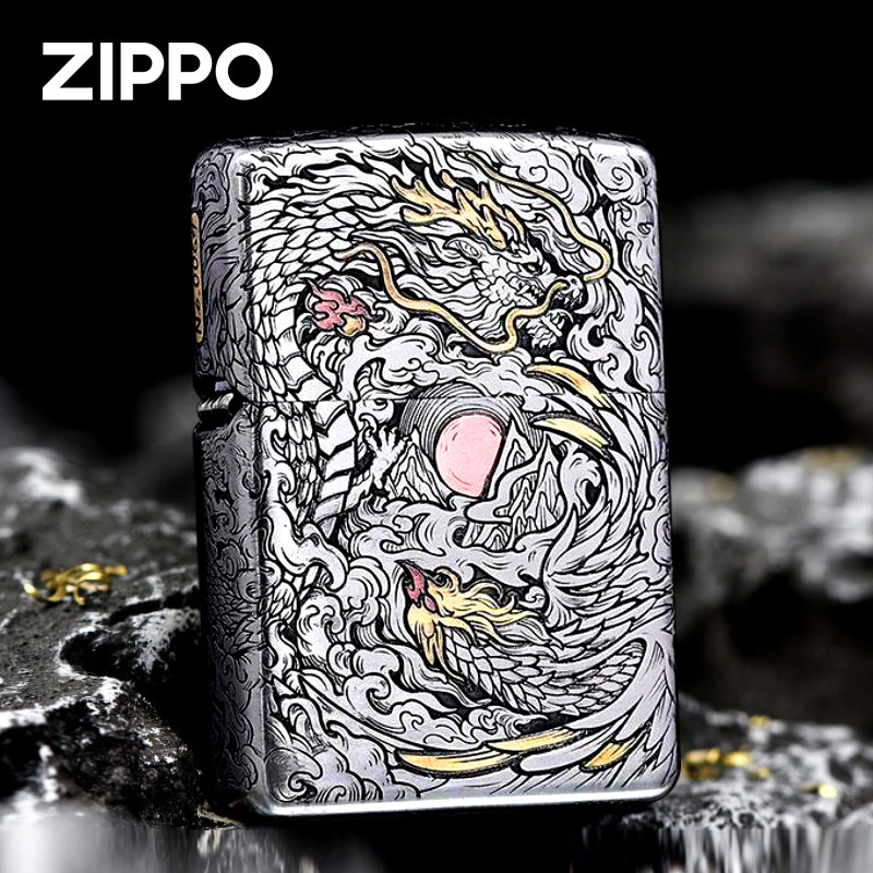 ZIPPO打火机正品 错金银龙凤呈祥钢机重甲之宝煤油防风男收藏送礼