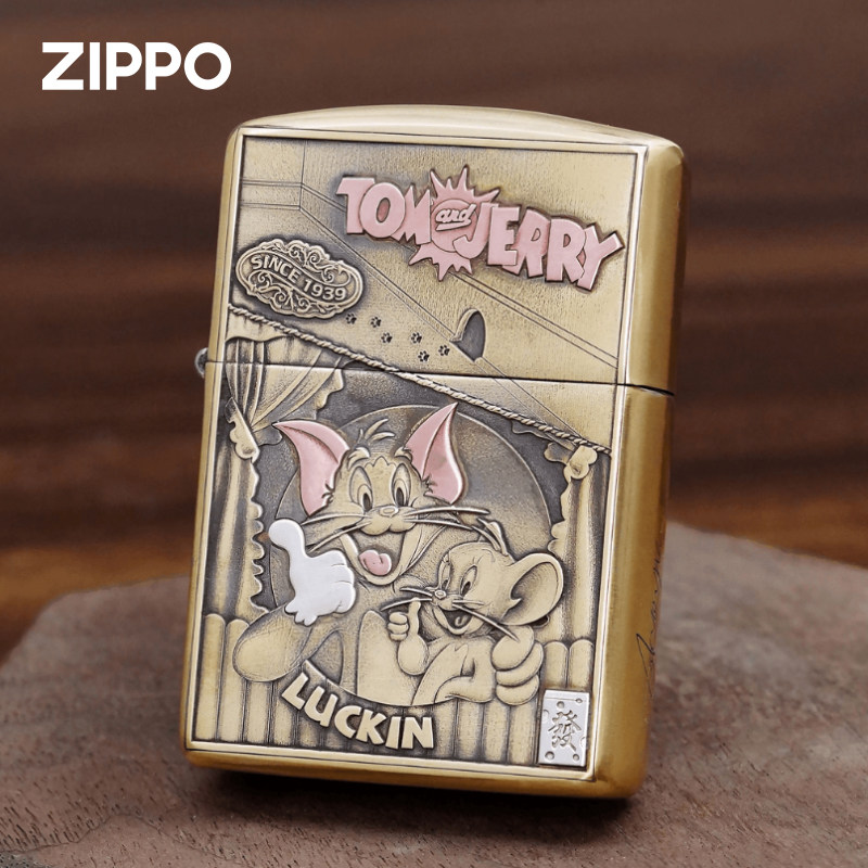 Zippo/之宝打火机猫和老鼠双面镍银紫铜镶嵌芝宝煤油防风送礼男士