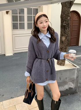 韩系慵懒风V领针织开衫女2025冬新款宽松显瘦毛衣外套上衣两件套