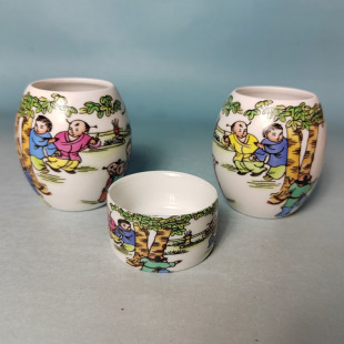童子闹春腰鼓形画眉鸟食罐鸟食杯画眉罐四喜腊嘴鸟碗陶瓷鸟笼配件