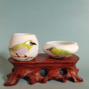 全手工绘画绿绣两件套绣眼鸟食罐柳莺鸟食碗金青鸟缸雅瓷轩鸟食杯