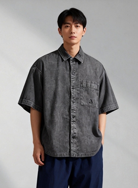 超值夏季牛仔衬衫ABLE JEANS男短袖工装深灰纯棉夏季休闲青年衬衣