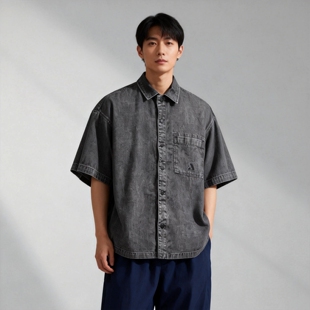 深灰纯棉夏季 超值夏季 休闲青年衬衣 工装 JEANS男短袖 牛仔衬衫 ABLE