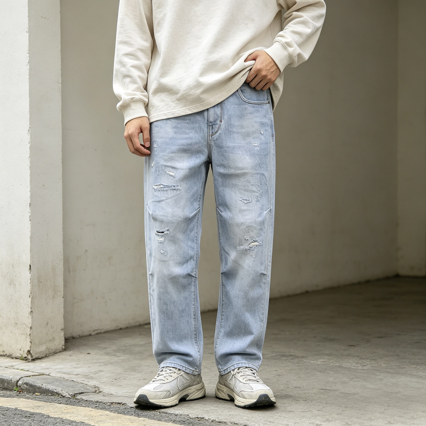 ABLEJEANS男士破洞滑板牛仔裤