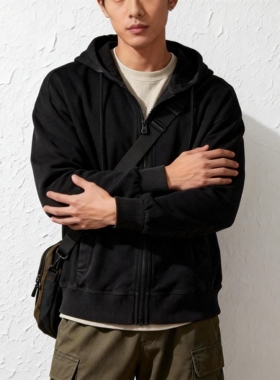 新款拉链针织牛仔夹克ABLE JEANS男女宽松针织连帽夹克潮流黑外套