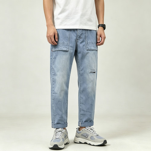 ABLEJEANS九分工装破洞牛仔裤
