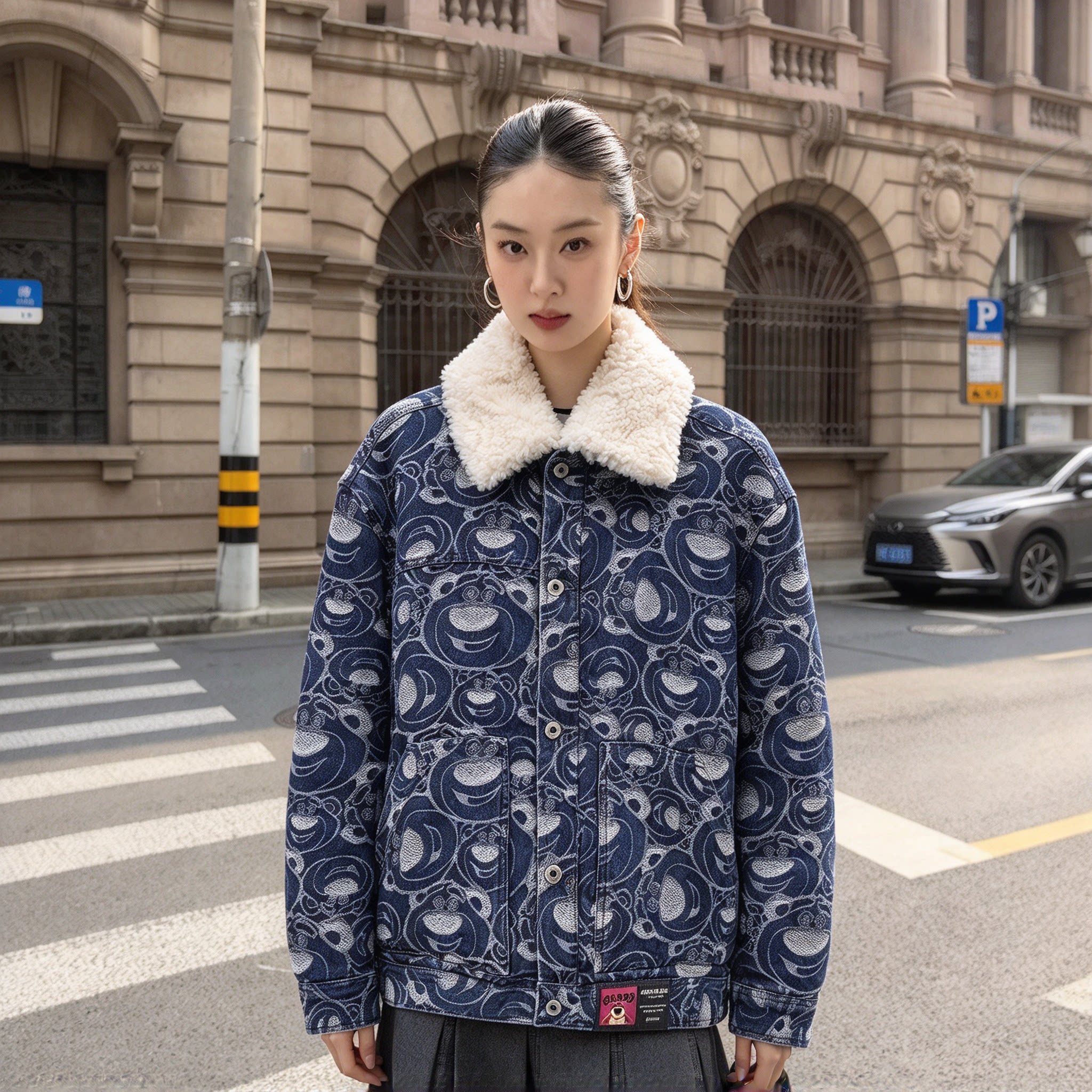 女士翻领牛仔羊羔绒夹克冬季宽松卡通提花保暖棉服潮流棉衣新款
