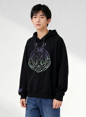 大闹天宫联名密织厚卫衣able jeans男女同款黑色连帽衫刺绣孙悟空