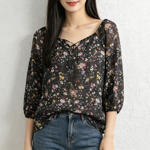 春夏AbleJeans碎花雪纺衫V领