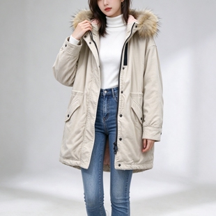 冬季女棉衣真毛领灯芯绒派克棉服宽松连帽休闲加厚冬装女外套保暖