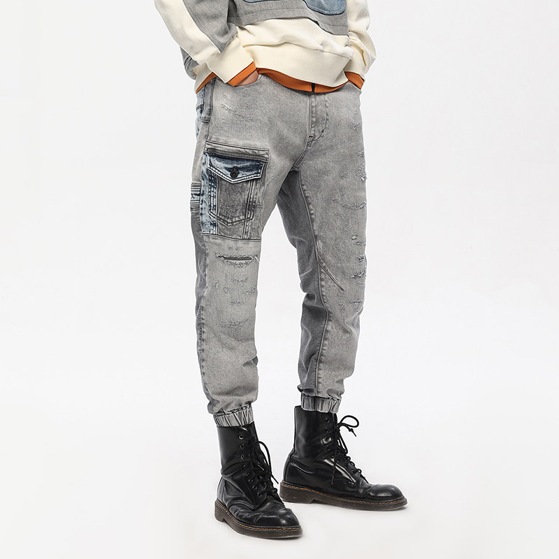 中国想象系列专柜ablejeans男士水洗松紧腰破洞酷跑牛仔裤拼接款