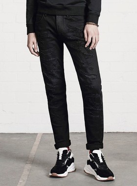 ABLE JEANS牛仔裤男黑色春秋长裤刺绣水洗修身弹力小脚裤街头潮裤