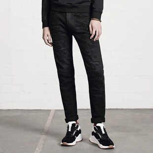 ABLE JEANS牛仔裤男黑色春秋长裤刺绣水洗修身弹力小脚裤街头潮裤